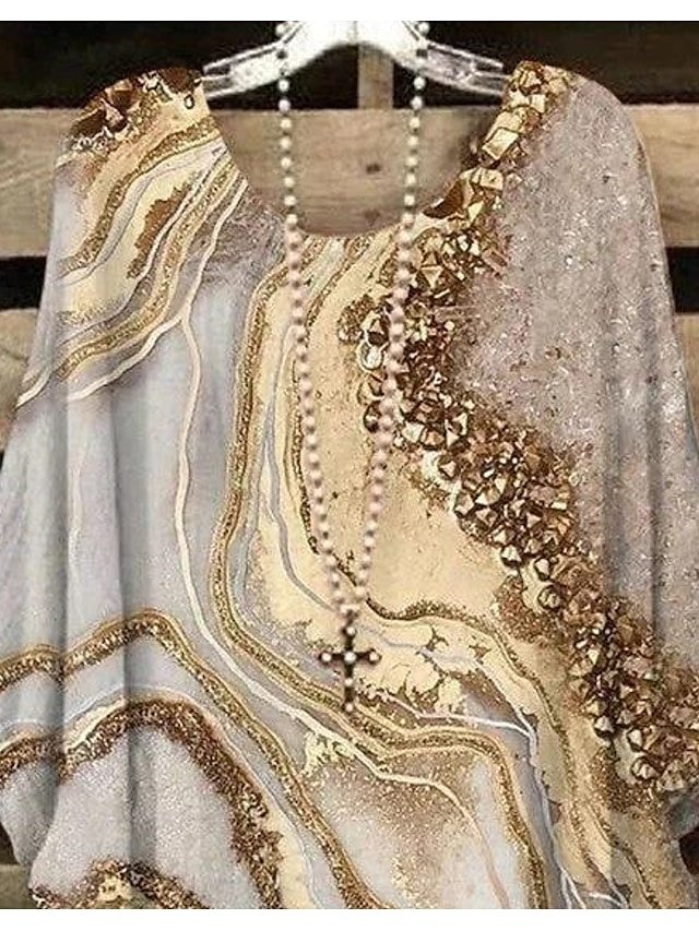 Basic Casual Print Dolman Sleeve Crew Neck Chiffon Blouse - Image 2