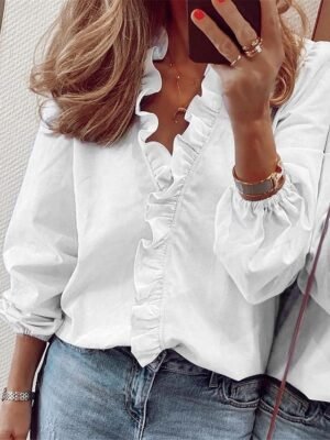 Basic Casual Regular Solid V Neck Long Sleeve Ruffle Top - Image 1
