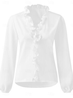 Basic Casual Regular Solid V Neck Long Sleeve Ruffle Top - Image 2