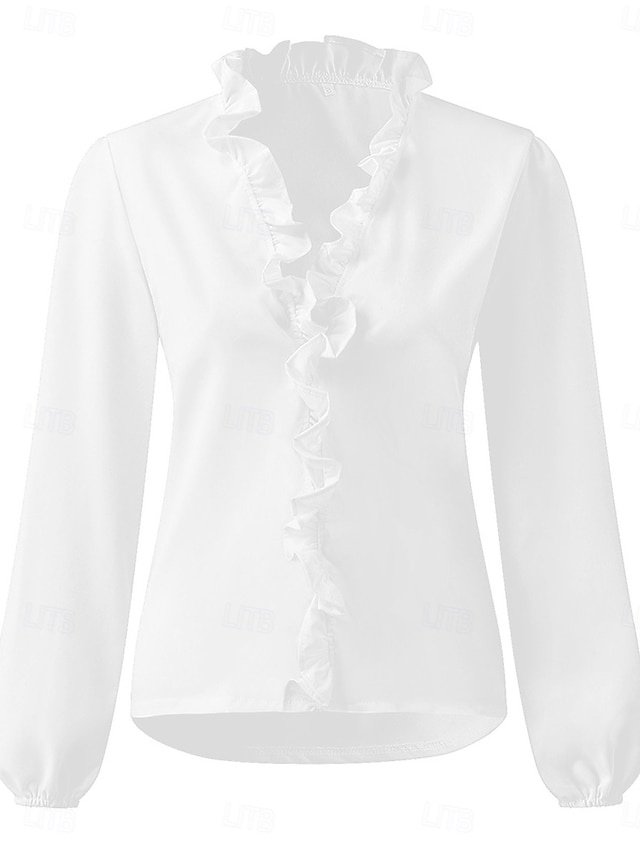 Basic Casual Regular Solid V Neck Long Sleeve Ruffle Top - Image 2