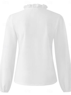 Basic Casual Regular Solid V Neck Long Sleeve Ruffle Top - Image 3