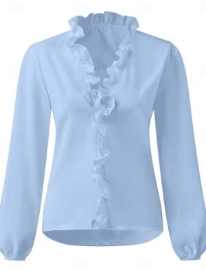 Basic Casual Regular Solid V Neck Long Sleeve Ruffle Top - Image 4