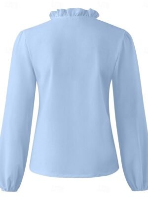 Basic Casual Regular Solid V Neck Long Sleeve Ruffle Top - Image 5