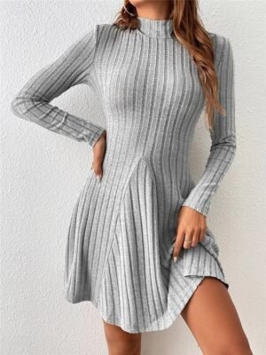 Basic Fit Ribbed Stand Collar Long Sleeve Mini Dress - Image 1