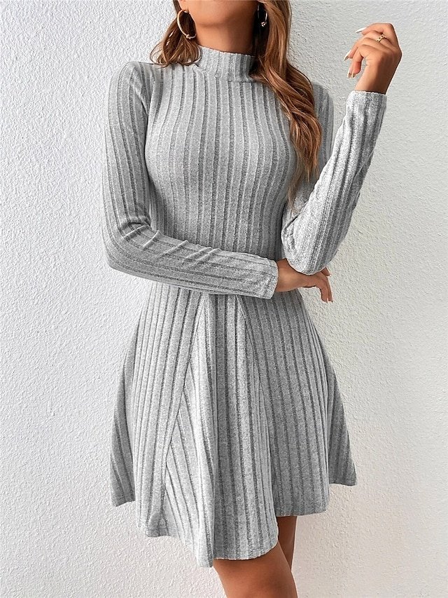 Basic Fit Ribbed Stand Collar Long Sleeve Mini Dress - Image 2