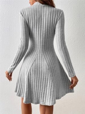 Basic Fit Ribbed Stand Collar Long Sleeve Mini Dress - Image 4