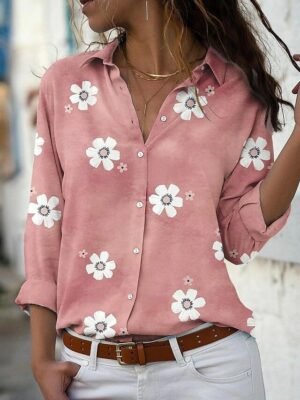 Basic Floral Print Shirt Collar Long Sleeve Blouse - Image 6