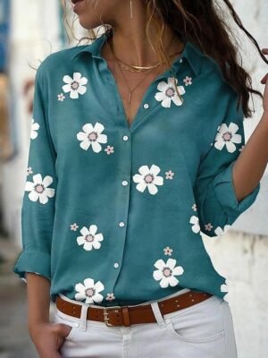 Basic Floral Print Shirt Collar Long Sleeve Blouse - Image 7