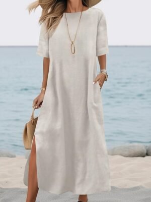 Basic Loose Fit Plain Crew Neck Short Sleeve Maxi Dress - Image 1