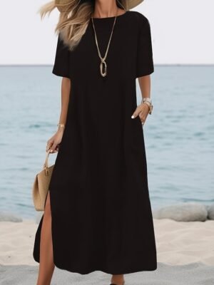 Basic Loose Fit Plain Crew Neck Short Sleeve Maxi Dress - Image 4