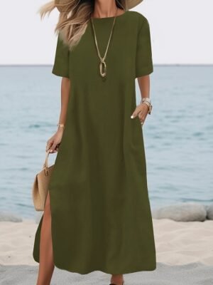 Basic Loose Fit Plain Crew Neck Short Sleeve Maxi Dress - Image 5