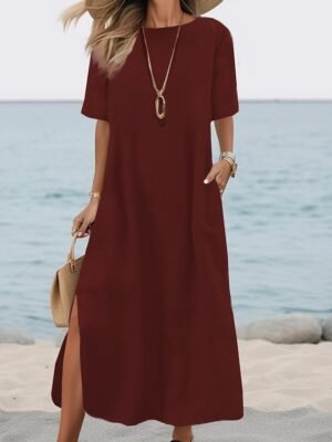 Basic Loose Fit Plain Crew Neck Short Sleeve Maxi Dress - Image 6