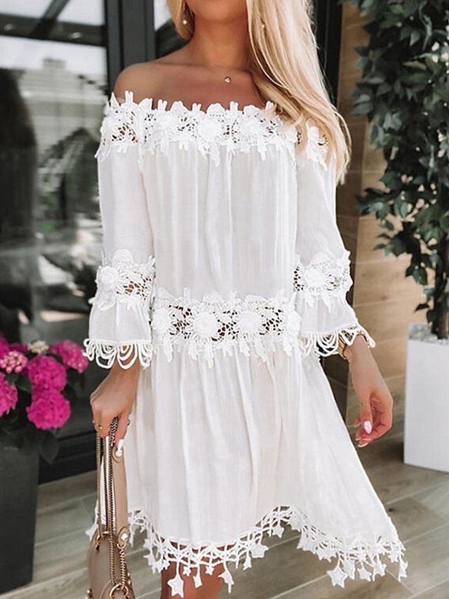 Basic Loose Fit Plain Off Shoulder 3/4 Sleeve Midi Lace Dress - Image 2