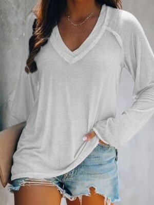 Basic Loose Fit Solid V Neck Long Sleeve Tee - Image 5