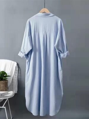 Basic Loose Plain Shirt Collar Long Sleeve Midi Dress - Image 13