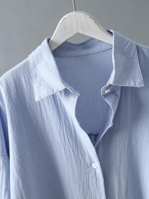 Basic Loose Plain Shirt Collar Long Sleeve Midi Dress - Image 6