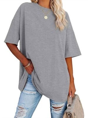 Basic Oversized Plain Round Neck Short Sleeve Top - Image 1