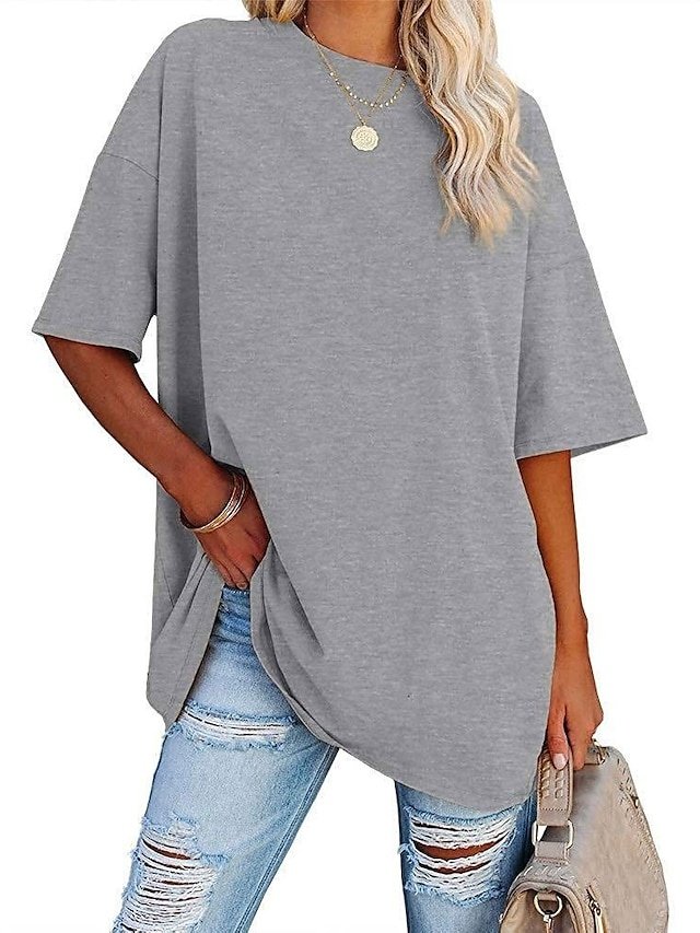 Basic Oversized Plain Round Neck Short Sleeve Top - Image 1