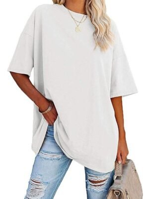 Basic Oversized Plain Round Neck Short Sleeve Top - Image 2