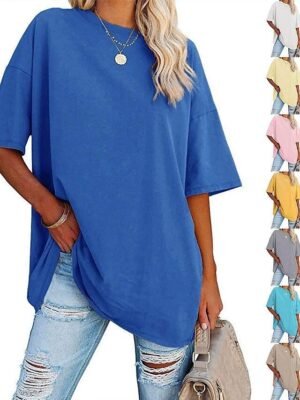 Basic Oversized Plain Round Neck Short Sleeve Top - Image 4