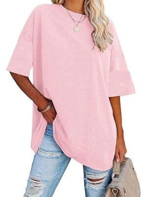 Basic Oversized Plain Round Neck Short Sleeve Top - Image 5