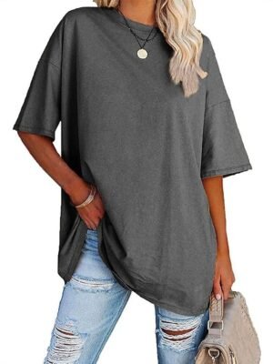Basic Oversized Plain Round Neck Short Sleeve Top - Image 8