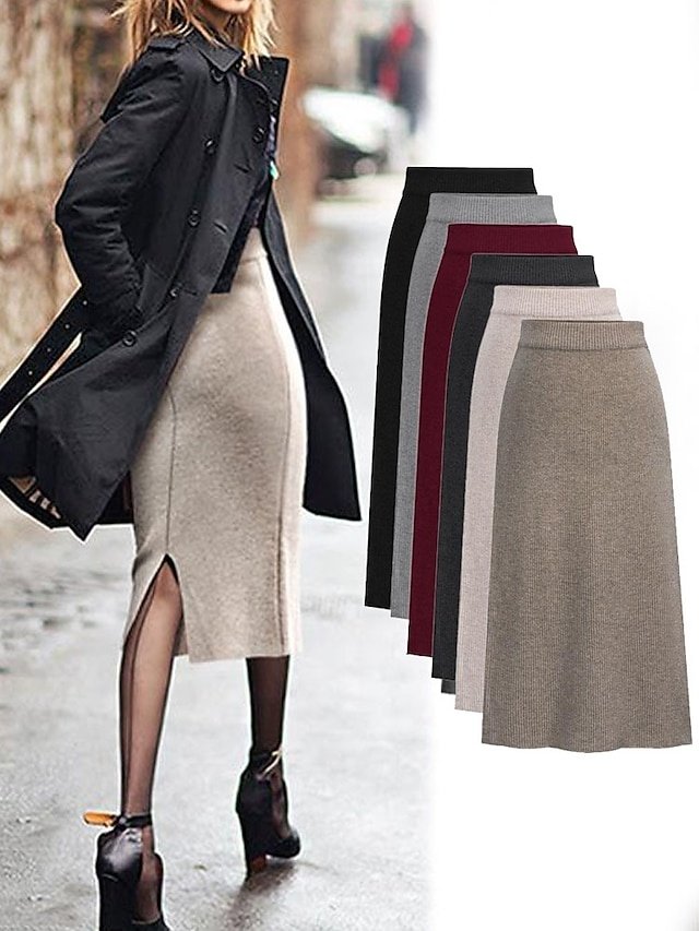 Basic Pencil Solid Split Midi Skirt - Image 1