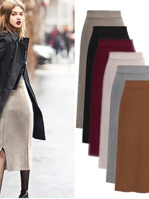 Basic Pencil Solid Split Midi Skirt - Image 3