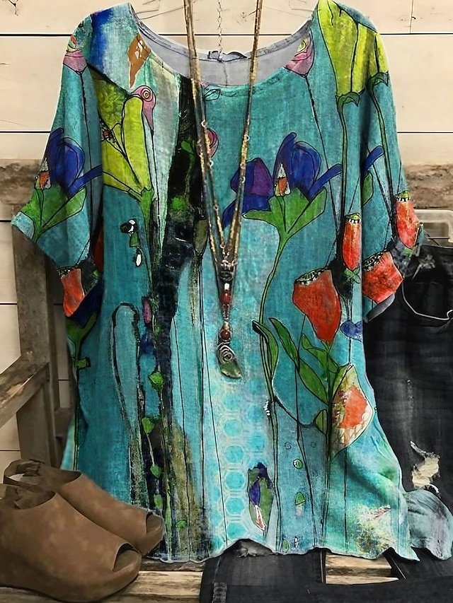 Basic Plus Size Floral Crew Neck Dolman Sleeve T Shirt Blouse - Image 1