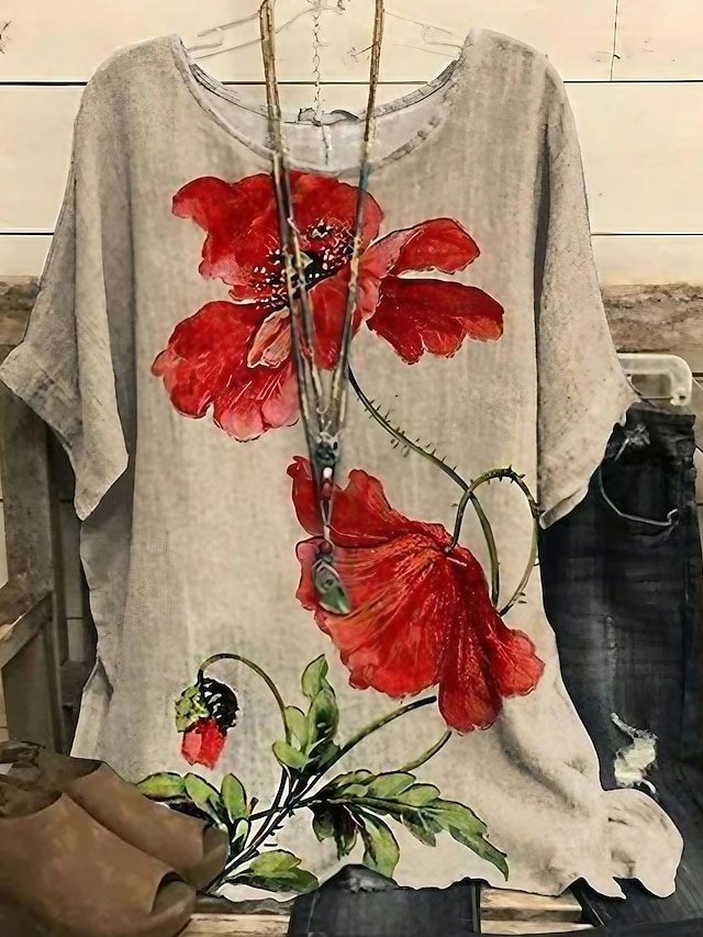 Basic Plus Size Floral Crew Neck Dolman Short Sleeve Blouse - Image 1