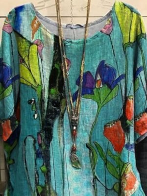 Basic Plus Size Floral Crew Neck Dolman Sleeve T Shirt Blouse - Image 2