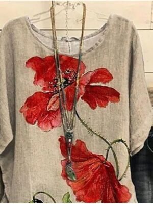 Basic Plus Size Floral Crew Neck Dolman Short Sleeve Blouse - Image 2