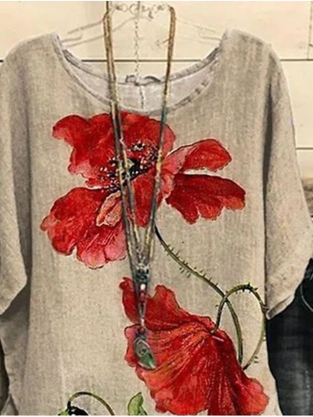 Basic Plus Size Floral Crew Neck Dolman Short Sleeve Blouse - Image 2