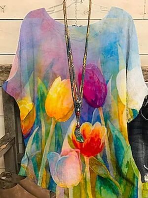 Basic Plus Size Floral Print Crew Neck Dolman Sleeve Blouse - Image 1