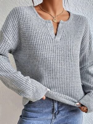 Basic Polo Collar Textured Knit Long Sleeve Sweater - Image 1