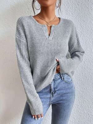 Basic Polo Collar Textured Knit Long Sleeve Sweater - Image 2