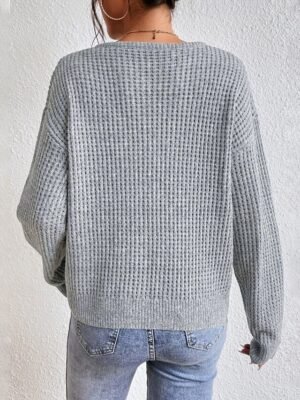 Basic Polo Collar Textured Knit Long Sleeve Sweater - Image 3
