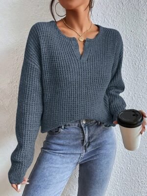 Basic Polo Collar Textured Knit Long Sleeve Sweater - Image 5