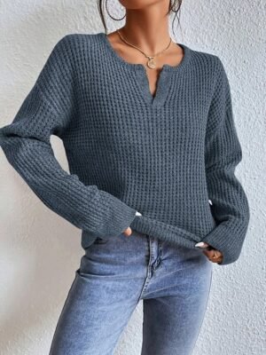 Basic Polo Collar Textured Knit Long Sleeve Sweater - Image 6