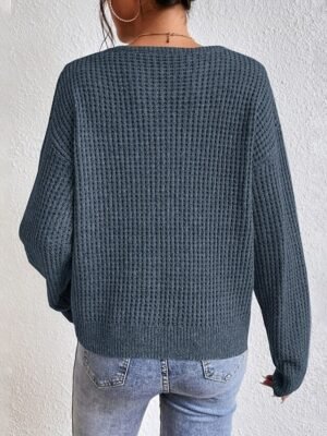 Basic Polo Collar Textured Knit Long Sleeve Sweater - Image 7