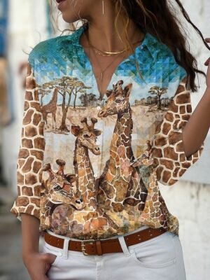 Basic Regular Animal Print Shirt Collar Long Sleeve Blouse - Image 1