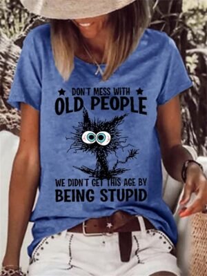 Basic Regular Cat Letter Text Round Neck Short Sleeve Tops - Image 3