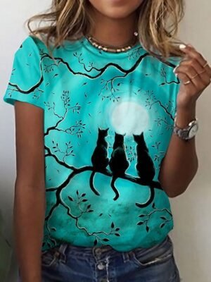 Basic Regular Cat Print Round Neck Short Sleeve Summer Top - Image 1