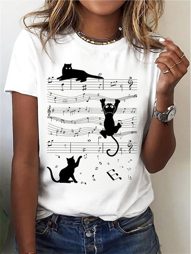 Basic Regular Cat Print Round Neck Short Sleeve Top - Image 1