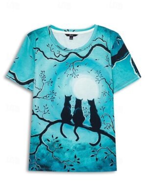 Basic Regular Cat Print Round Neck Short Sleeve Summer Top - Image 2