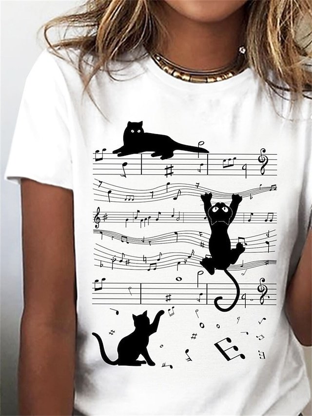 Basic Regular Cat Print Round Neck Short Sleeve Top - Image 2