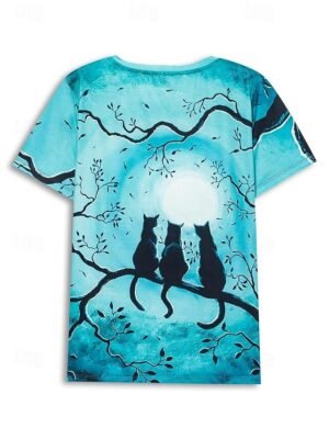 Basic Regular Cat Print Round Neck Short Sleeve Summer Top - Image 3