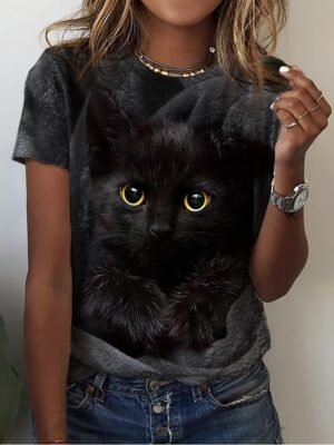 Basic Regular Cat Print Round Neck Short Sleeve Top - Image 3