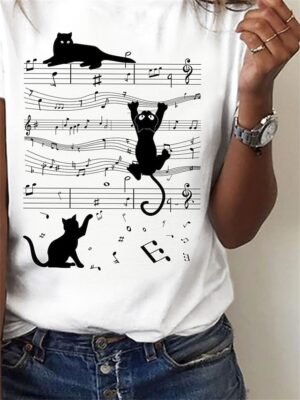 Basic Regular Cat Print Round Neck Short Sleeve Top - Image 3