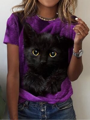 Basic Regular Cat Print Round Neck Short Sleeve Top - Image 4